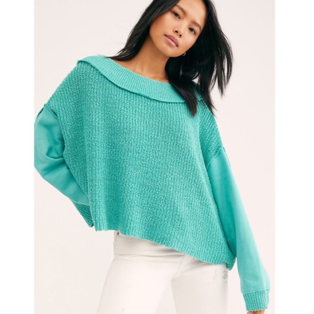 Free People Never Leaving Pullover Sweater S Off Shoulder Boxy Crop Aqua Green